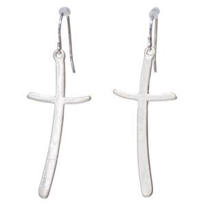 Worn Silver Tone Curved Cross Drop Earrings